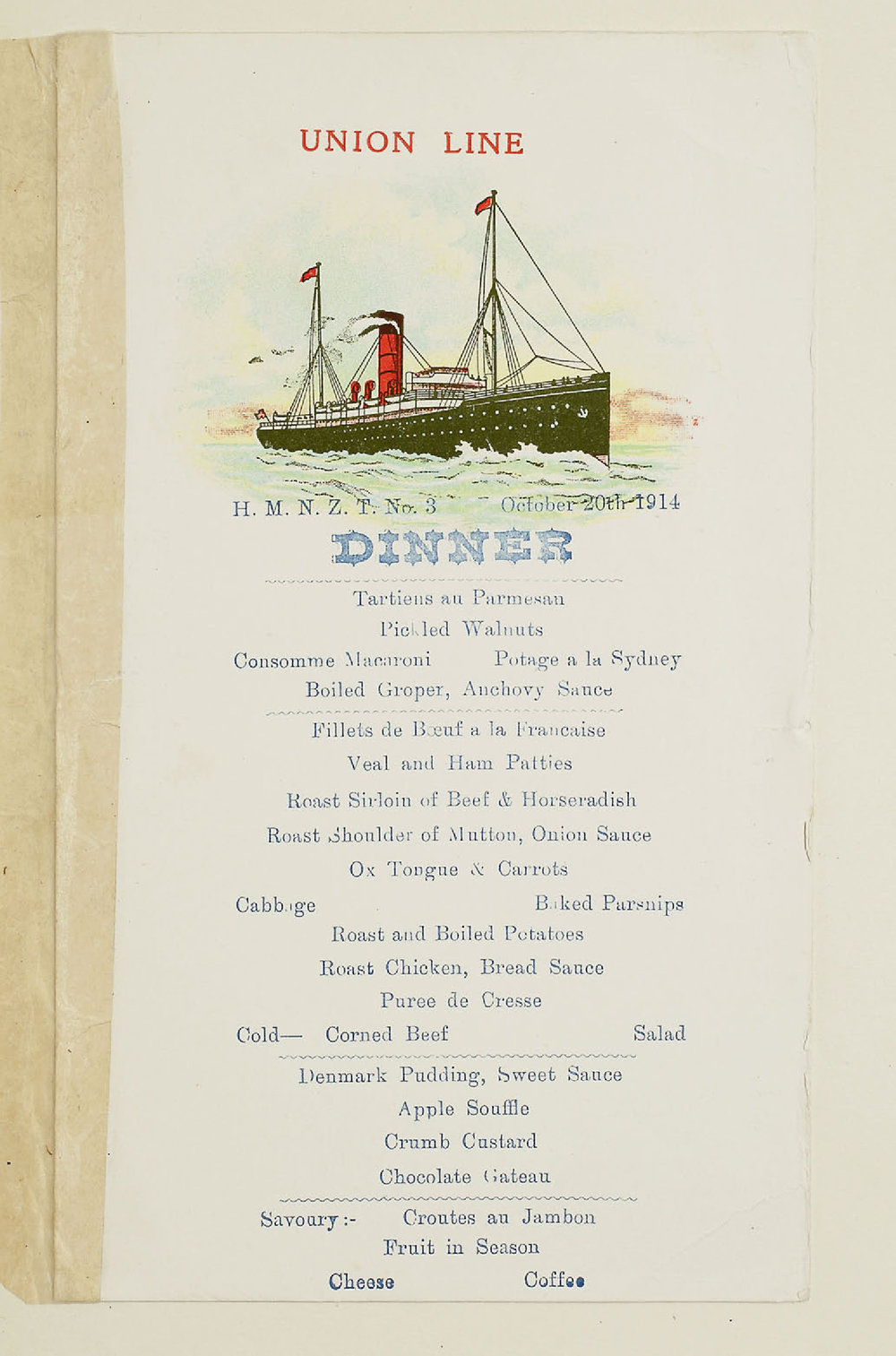H.M.N.Z.T. No. 3 Dinner Menu