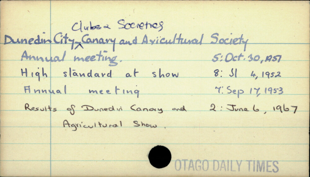 Dunedin City - Clubs and societies - Canary and Avicultural Society