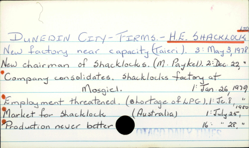 Dunedin City - Firms - H.E. SHACKLOCK LTD | Dunedin Public Libraries
