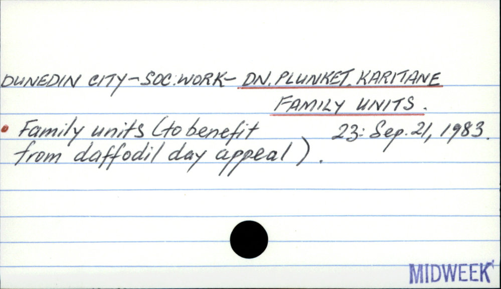 DUNEDIN CITY - SOCIAL WORK - DN. PLUNKET. KARITANE FAMILY UNITS.