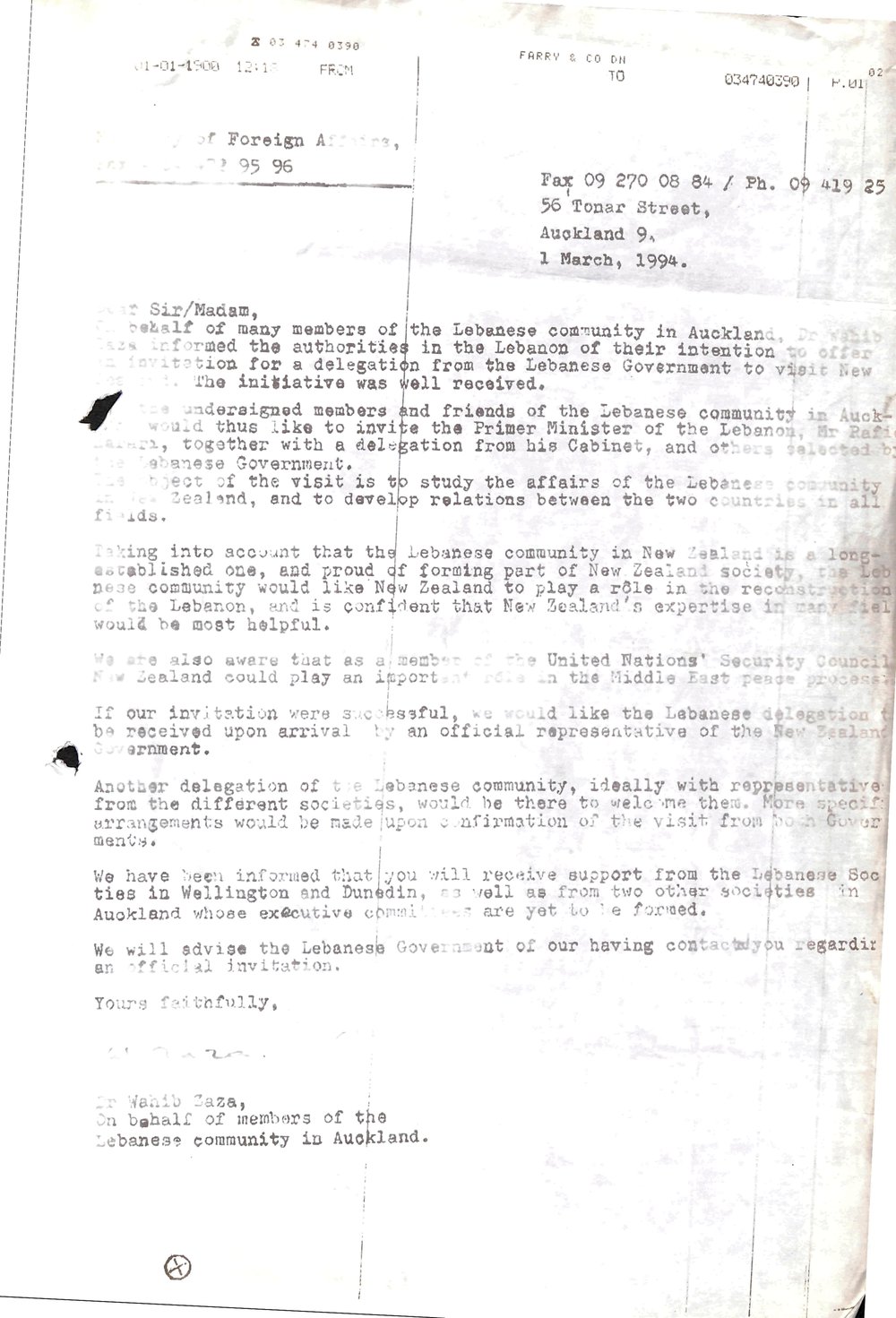 Letter from Auckland Lebanese Club
