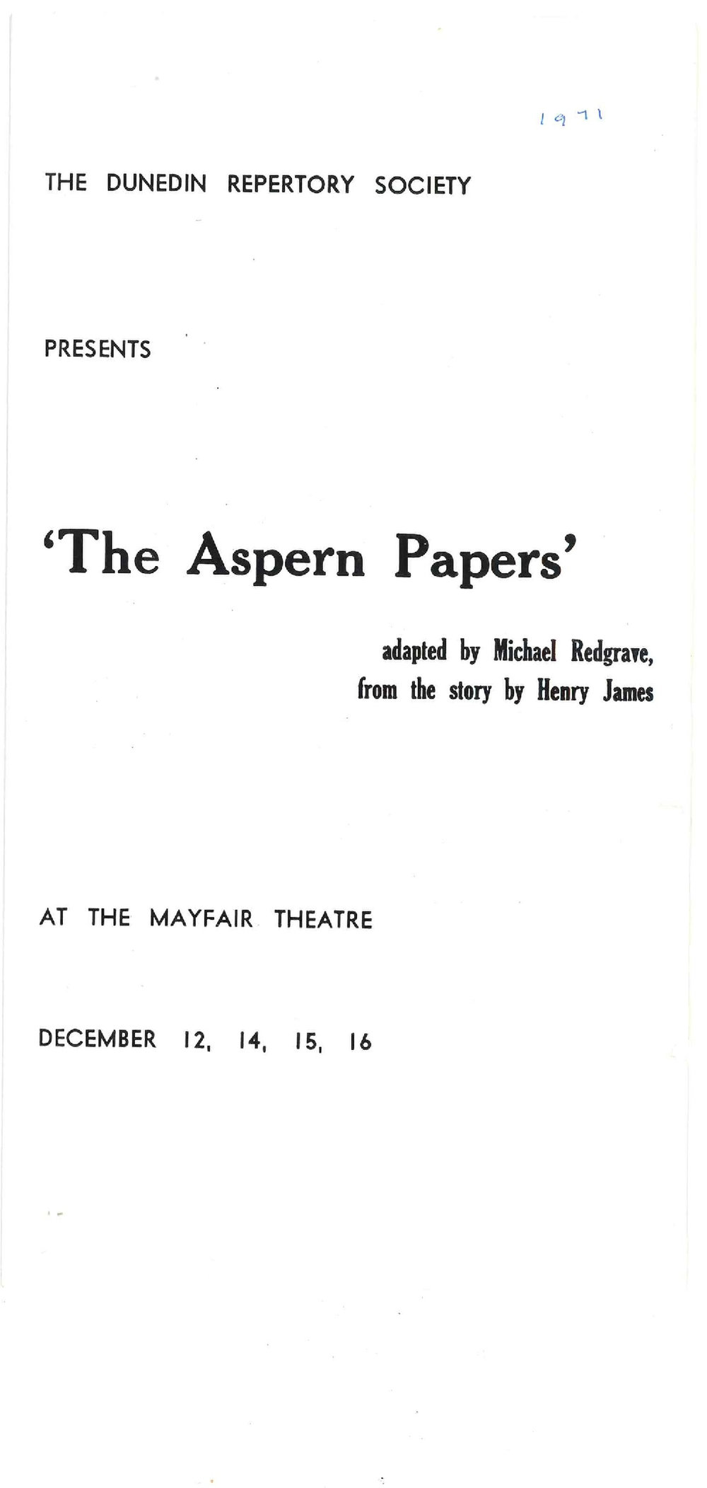 The Aspern Papers: Theatrical Programme