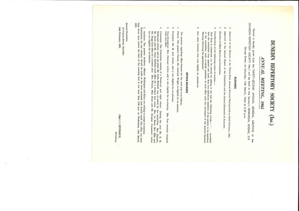 Dunedin Repertory Society Annual Report and Accounts 1965