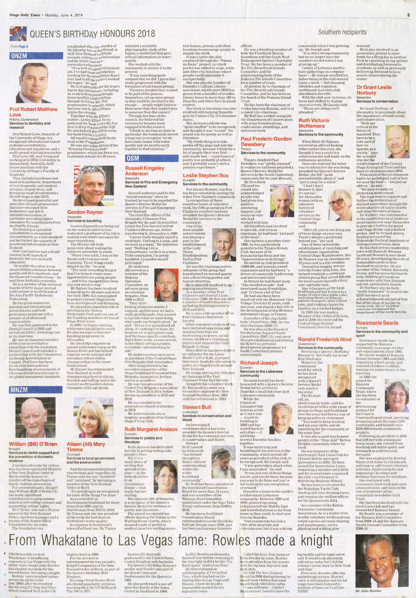 Queens birthday honours 2018 ODT 4 June 2018 