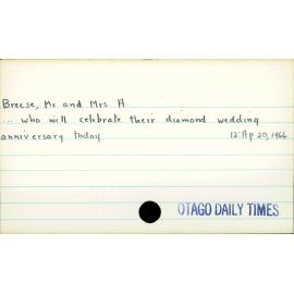 Breese,  A (Mr and Mrs)