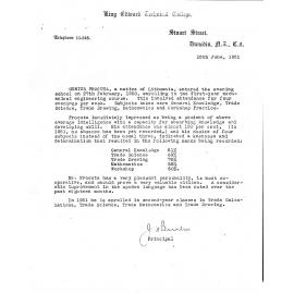 King Edward Technical College letter from principal on Ginutis Procuta