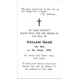 Hallam Isaac Memorium card