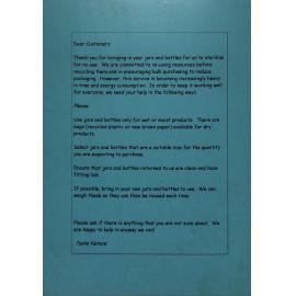 Dear Customers Thank you for bringing in your jars and bottles