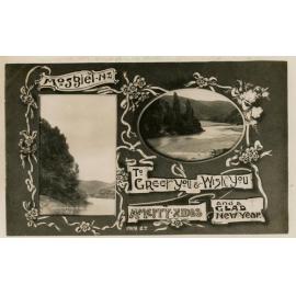 Postcard sent to Mrs F Gibson, "Murrayfield" Puerua showing Taieri River from Outram traffic bridge