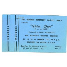 Dunedin Repertory Theatre: Ticket to production of Peter Pan 1962