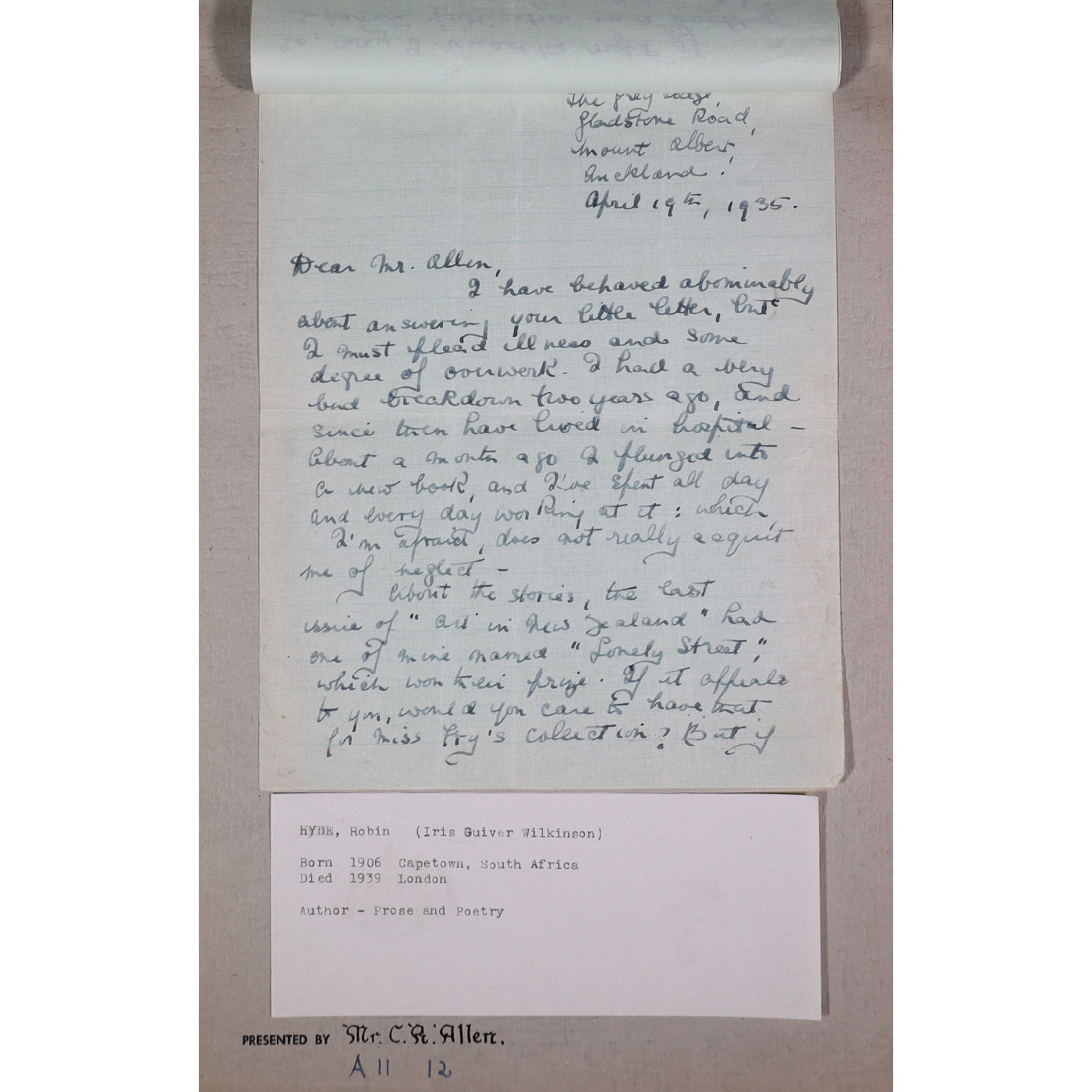 Transcript for Correspondence from Robin Hyde to C. R. Allen. 19 April, 1935