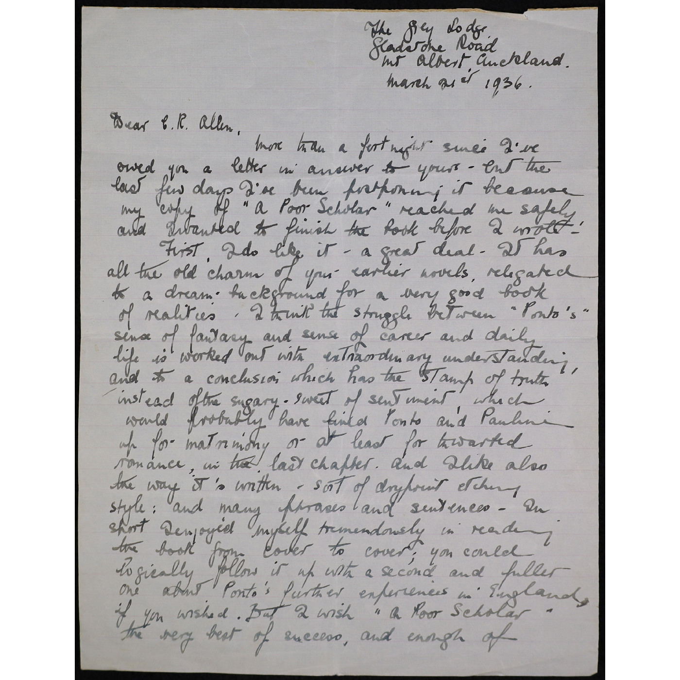 Transcript for Correspondence from Robin Hyde (Iris Wilkinson) to C. R. Allen. 21 March, 1936