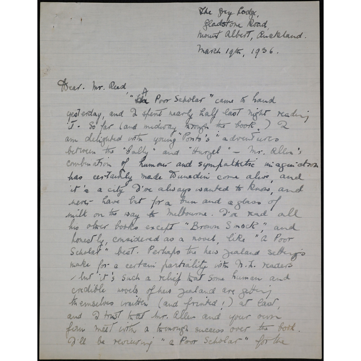 Transcript for Correspondence from Robin Hyde (Iris Wilkinson) to Mr Reed. 19 March, 1936