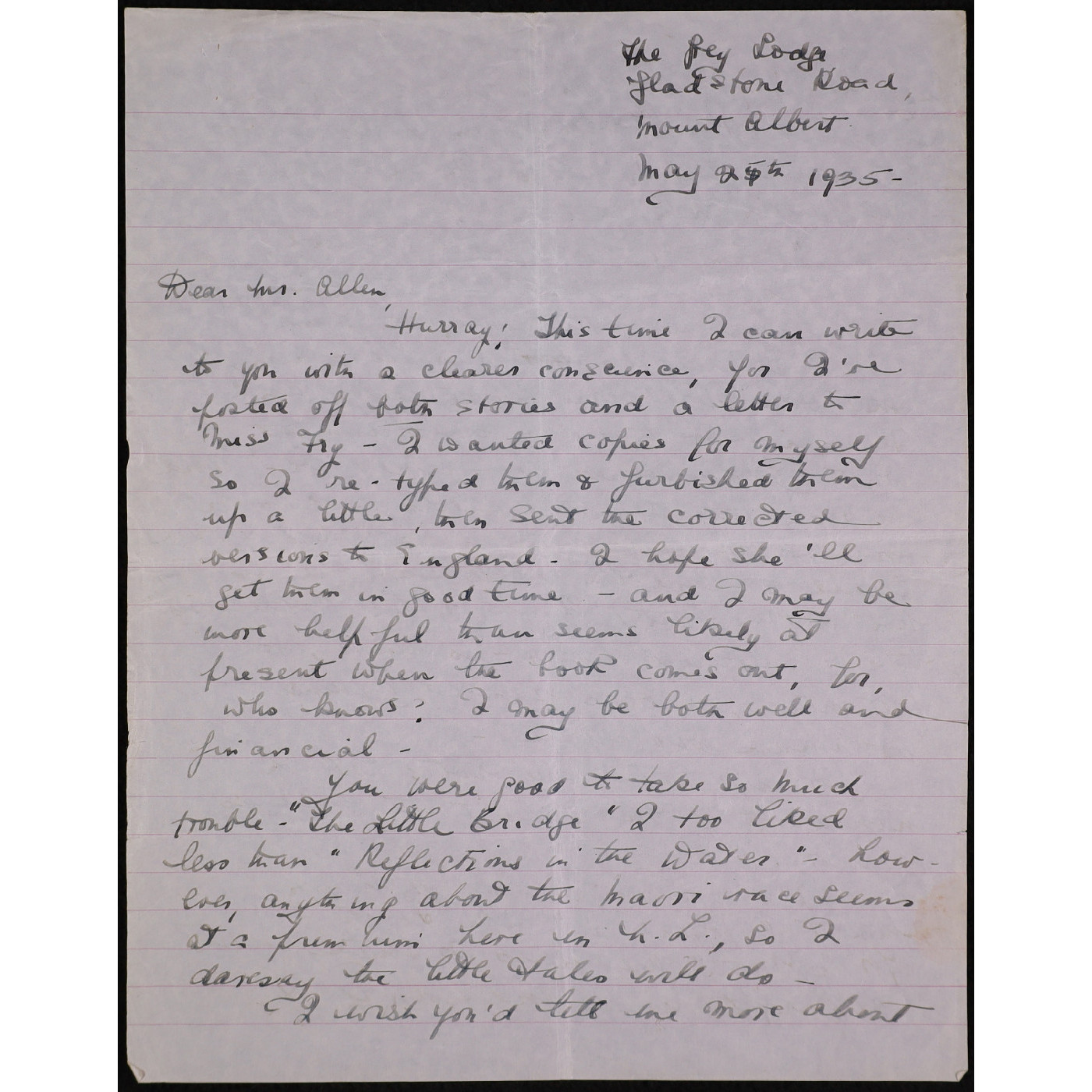 Transcript for Correspondence from Robin Hyde (Iris Wilkinson) to C. R. Allen. 25 May, 1935