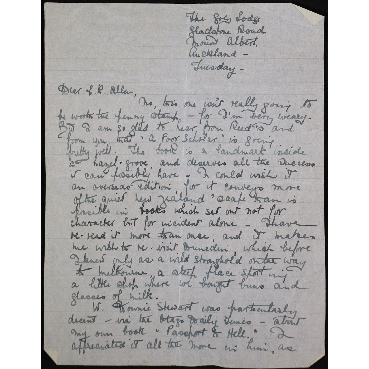 Transcript for Correspondence from Robin Hyde (Iris Wilkinson) to C. R. Allen