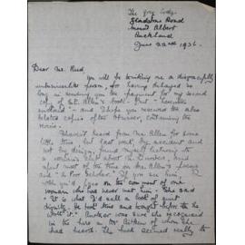 Correspondence from Robin Hyde (Iris Wilkinson) to Mr Reed. 22 June, 1936