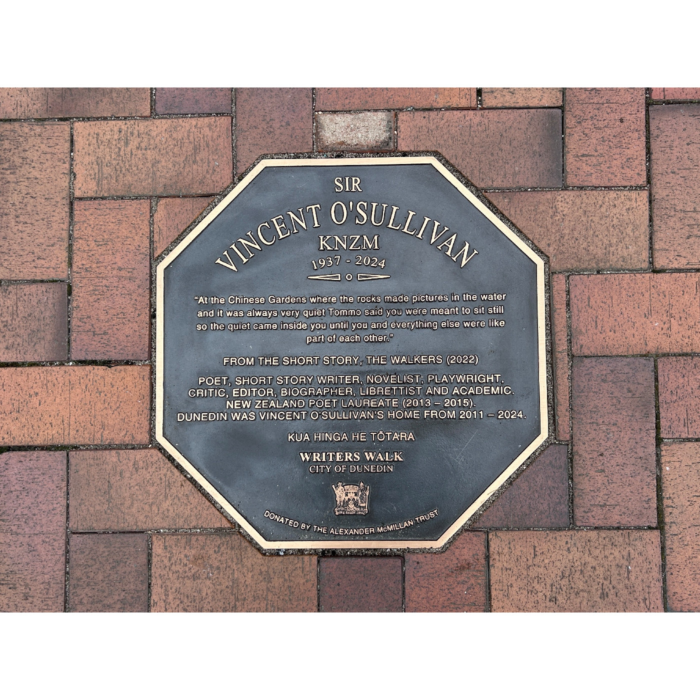 Sir Vincent O'Sullivan Writers' Walk plaque unveiling