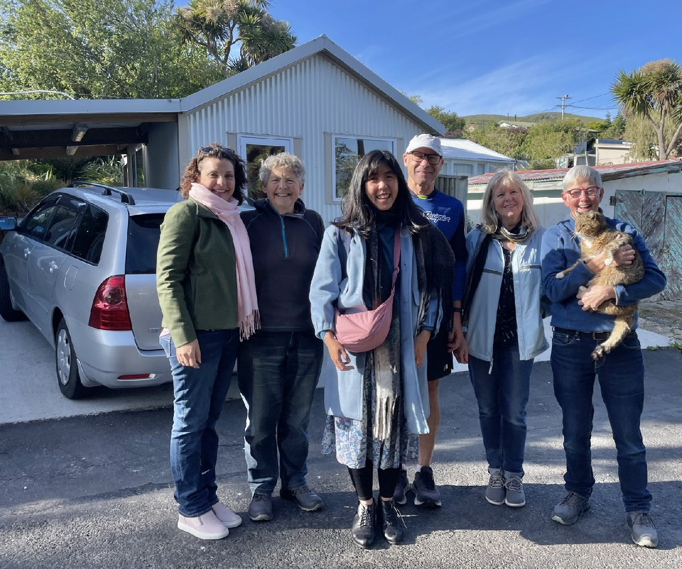 Shu-Ling’s last morning in Ōtepoti: Anne Shelah (City of Literature Project Coordinator), Lesley Hirst (Caselberg Trustee), Shu-Ling Chua, Mark Sanders (Caselberg Trustee), Claire Beynon (writer and artist) and Janet Downs (Chair, Caselberg Trust)