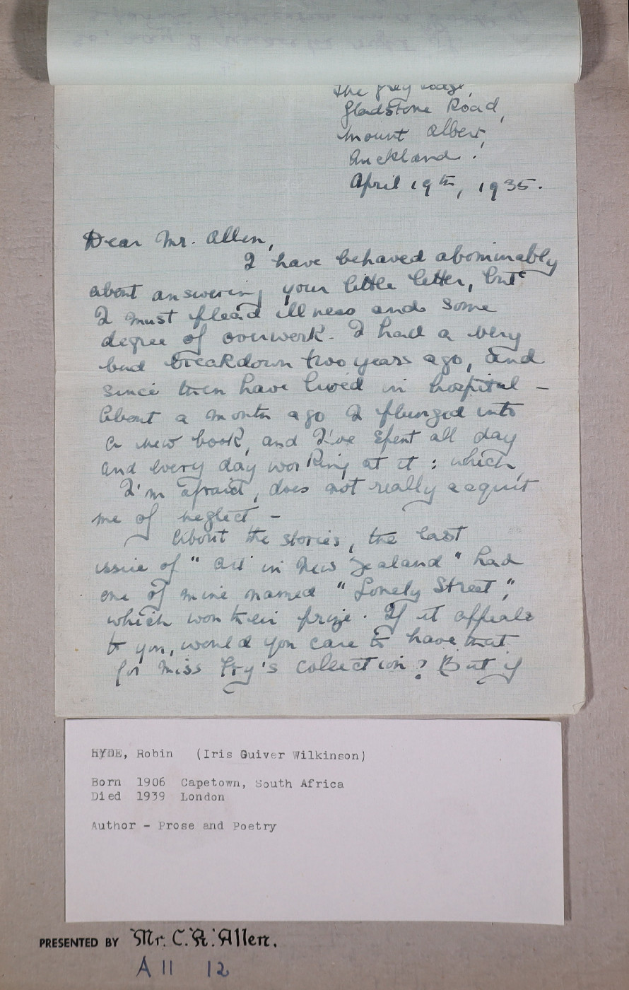 Transcript for Correspondence from Robin Hyde to C. R. Allen. 19 April, 1935