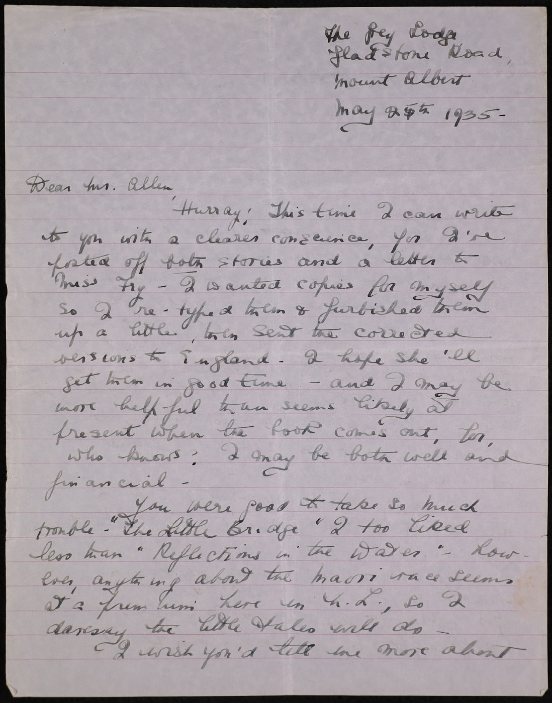 Transcript for Correspondence from Robin Hyde (Iris Wilkinson) to C. R. Allen. 25 May, 1935