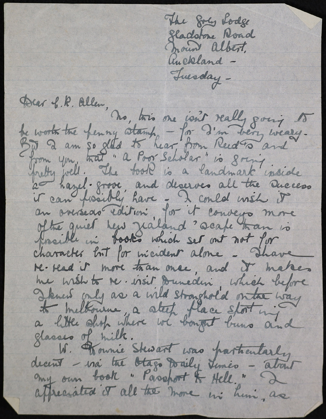 Transcript for Correspondence from Robin Hyde (Iris Wilkinson) to C. R. Allen