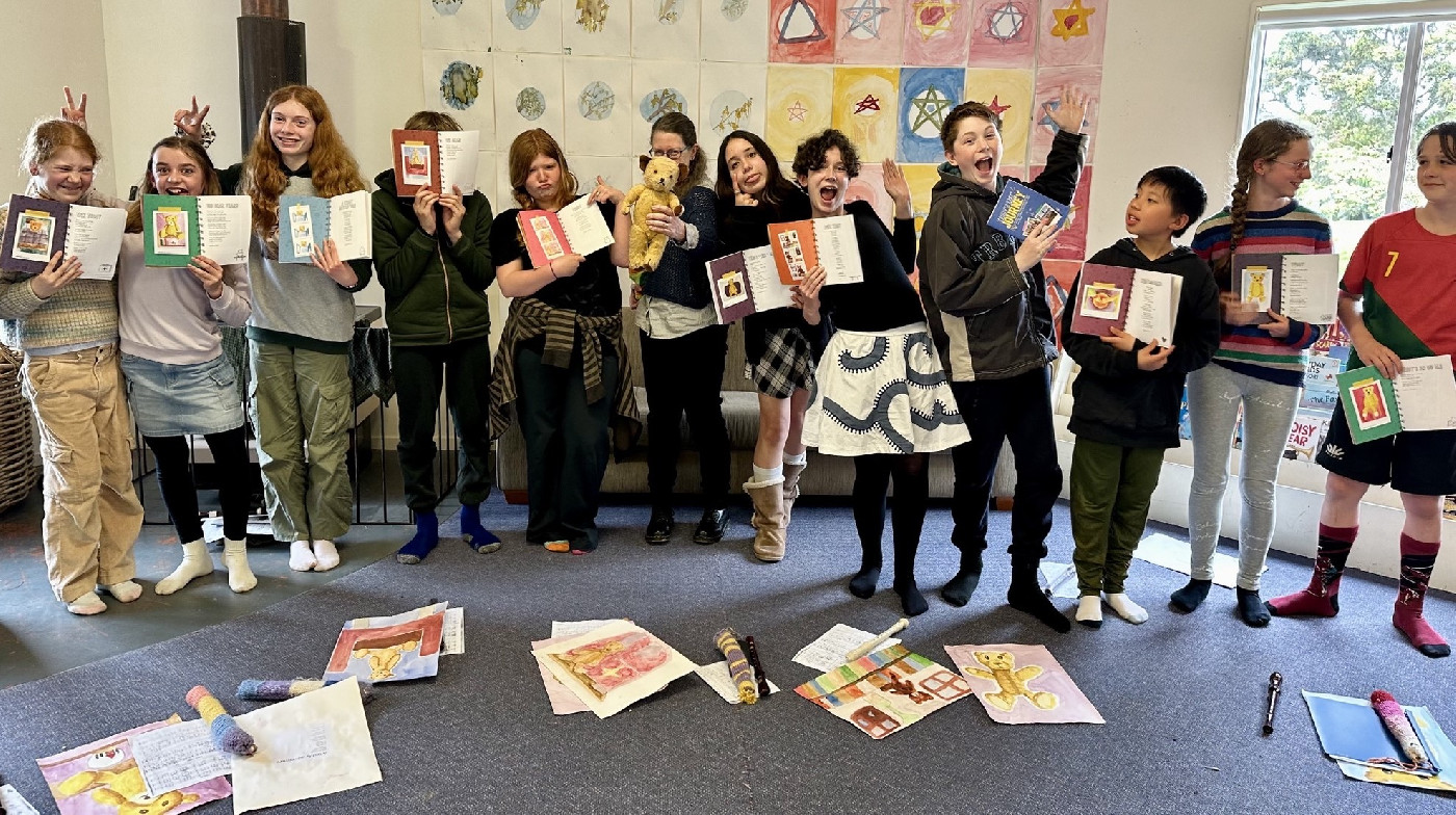 Class Kererū students excited to receive their published work with distinguished guests City of Literature South D Poet Lorikeet, Jenny Powell and Teddy by Trisha Geraets