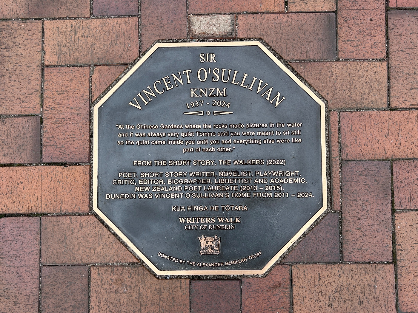 Sir Vincent O'Sullivan Writers' Walk plaque unveiling