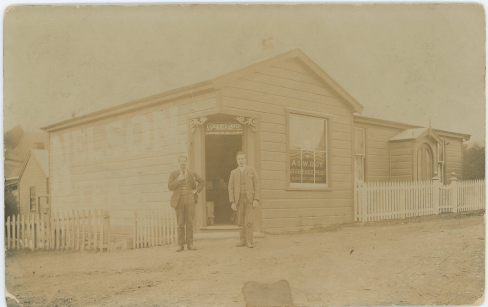Portobello Store.
Alexander Roy (left) and William Roy (right) standing in front of store. 
